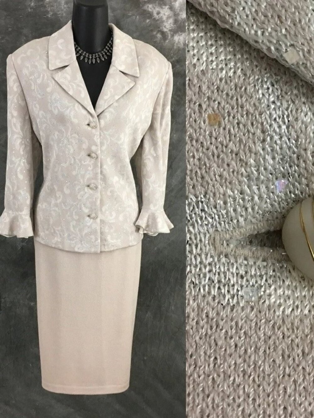BEAUTIFUL St John evening knit beige multi rhinestones pearl skirt suit 10 12